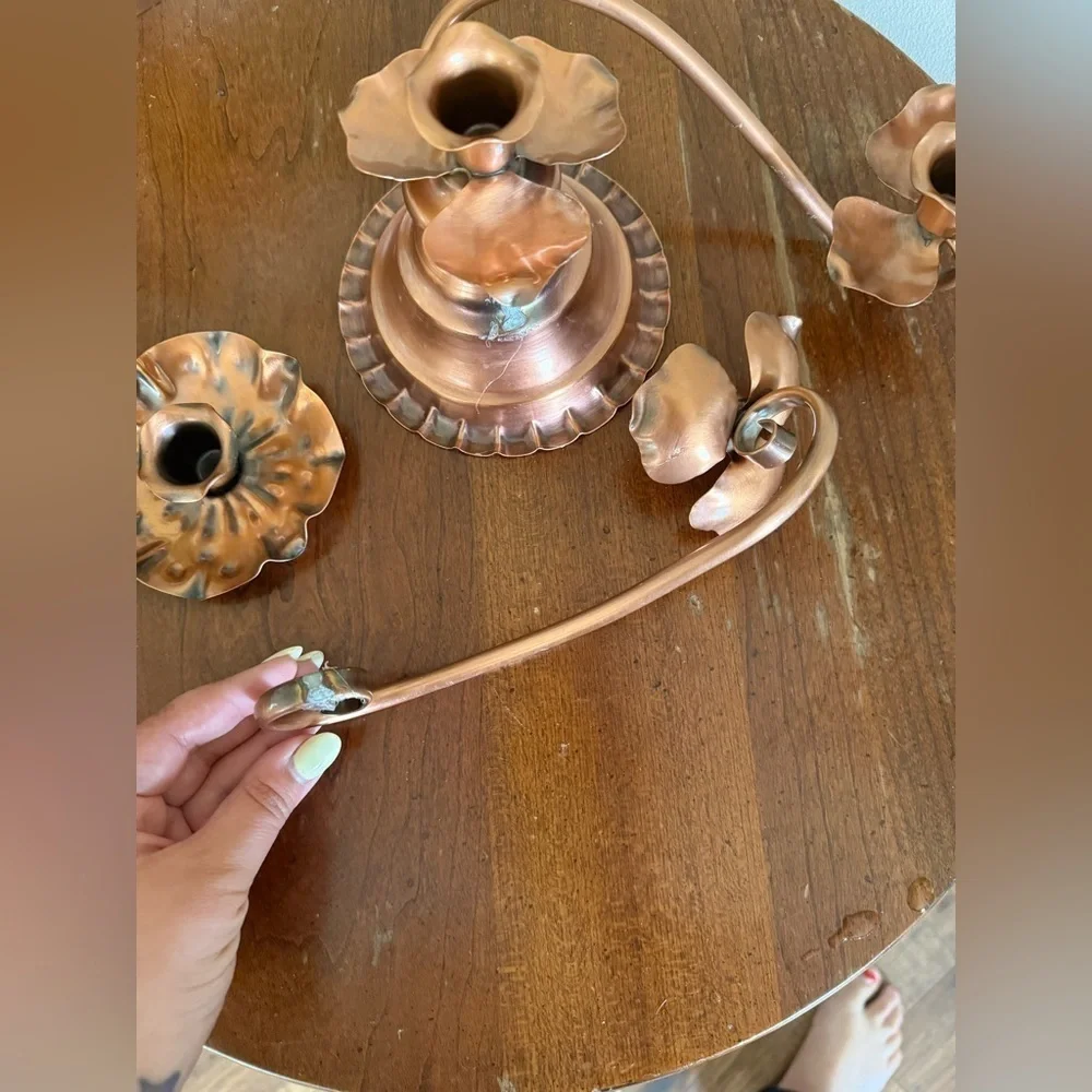 Georgian Copper Candelabra Twist 3 Candlestick Holders Rose Flower Broken